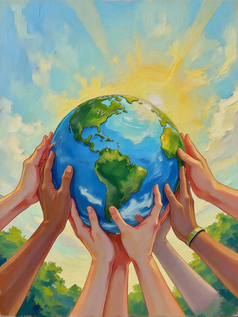 Earth Day illustration - Earth supported by human hands