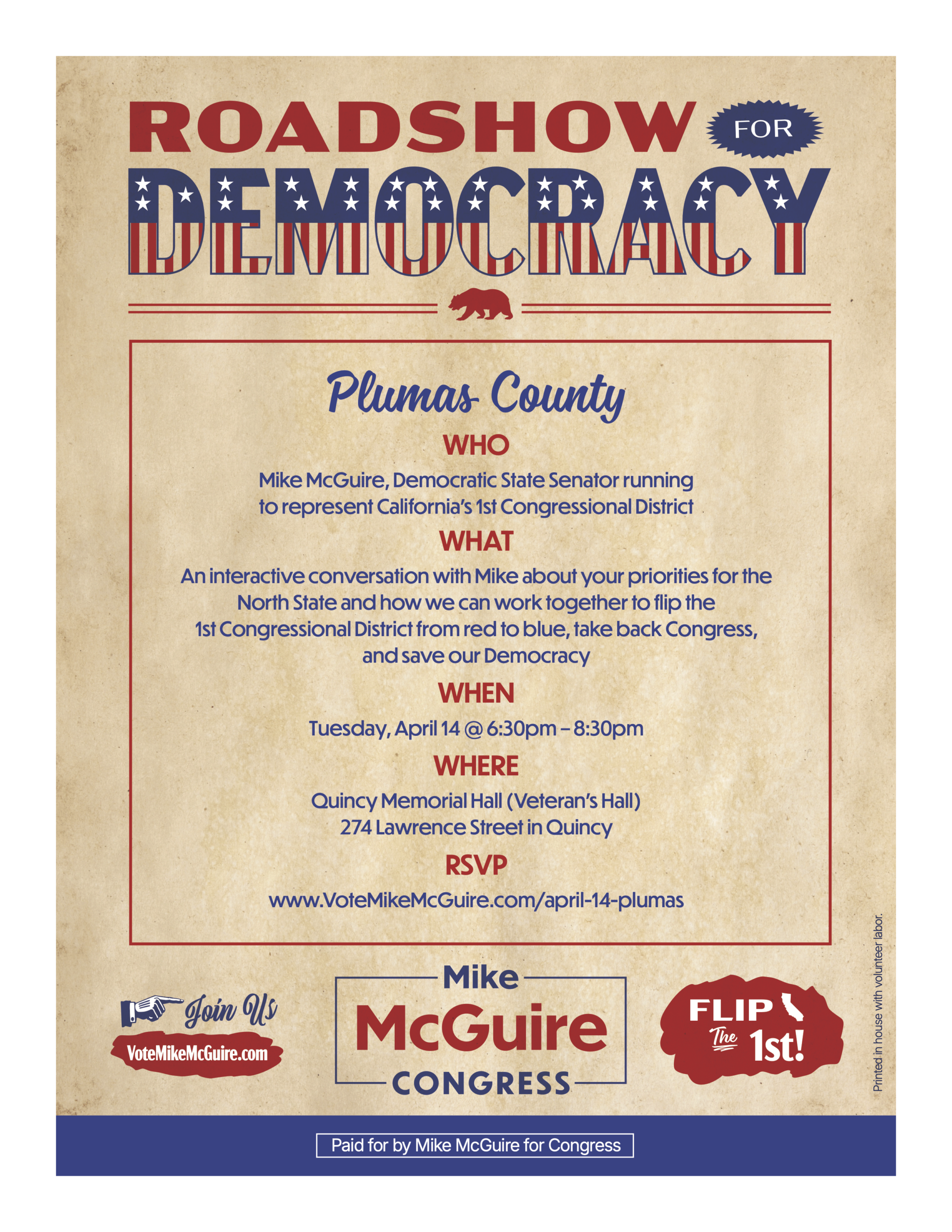 Join the Roadshow for Democracy with Mike McGuire!